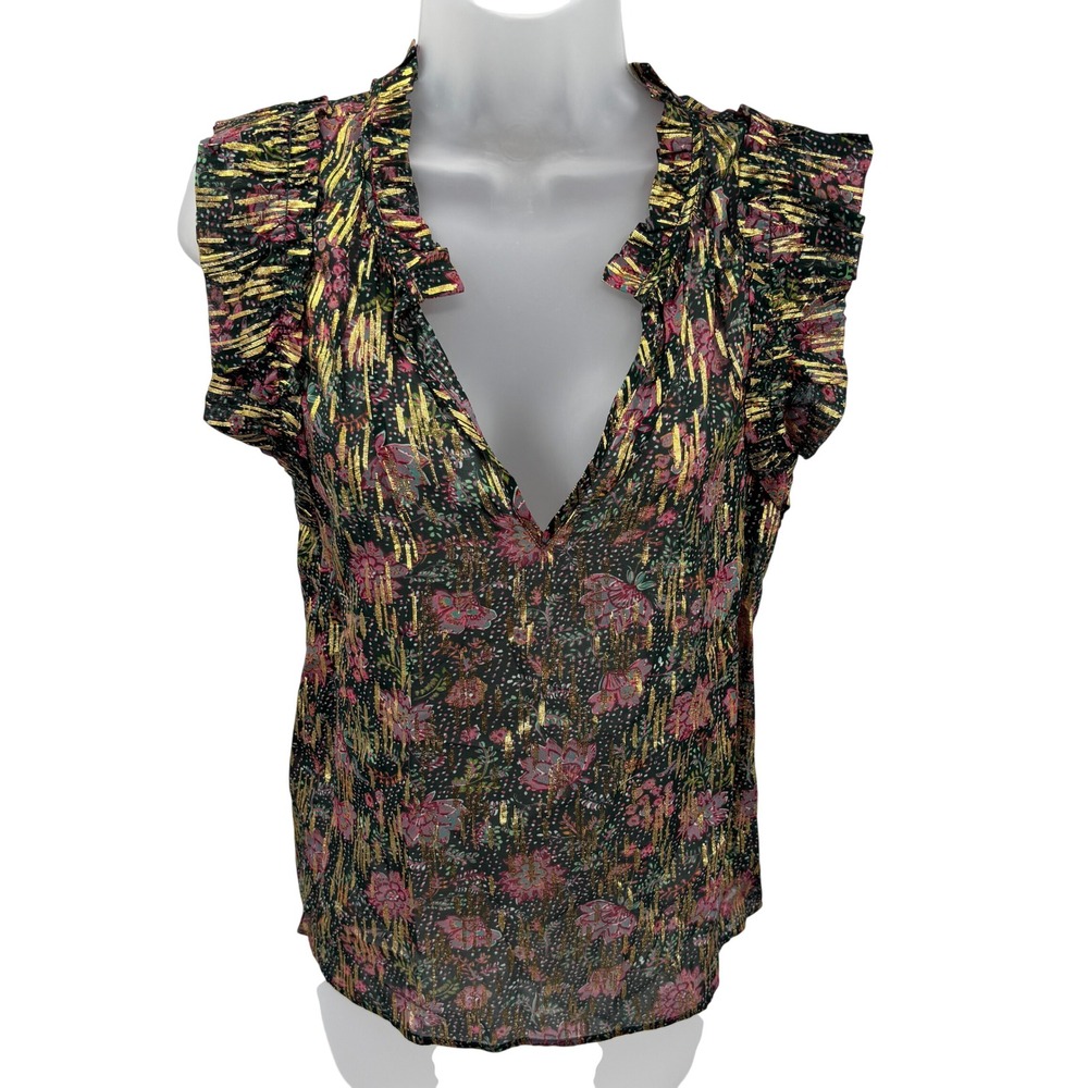 Caballero Black Metallic Gold Floral Ruffle Cap Sleeve V-Neck Blouse Top Women S